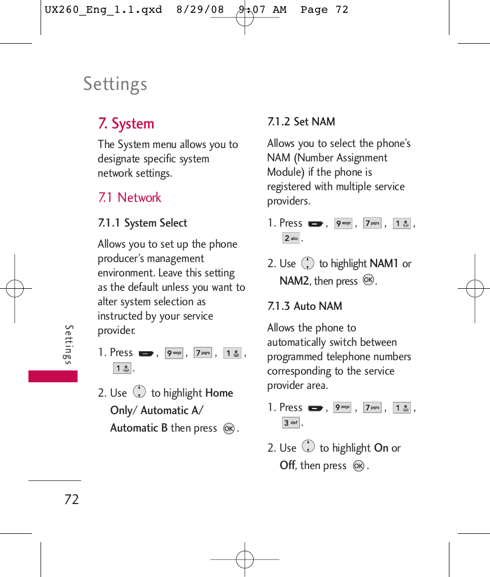 Settings, System, 1 network | LG LGUX260PW User Manual | Page 74 / 231