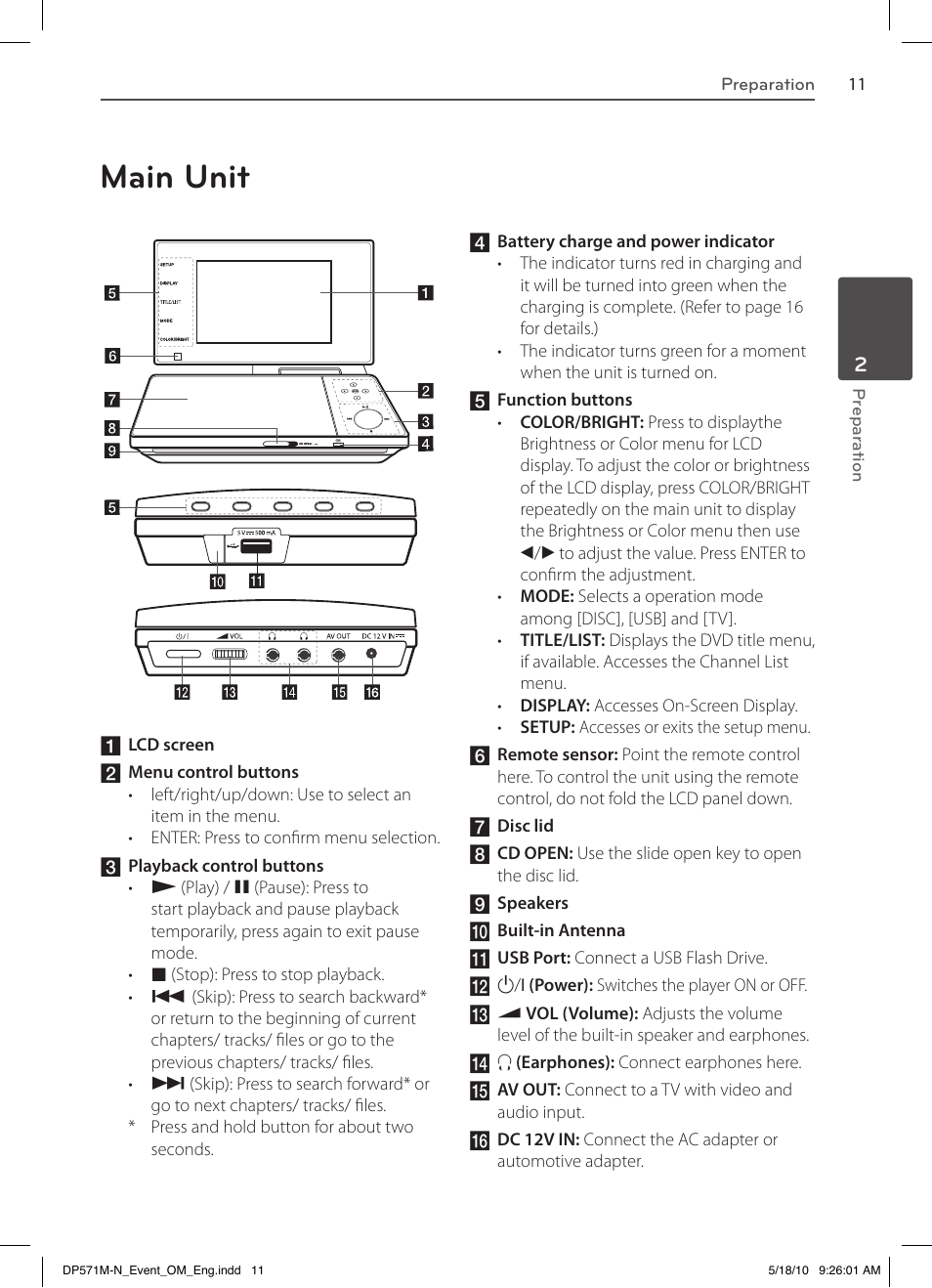 Main unit | LG DP570MH User Manual | Page 11 / 42