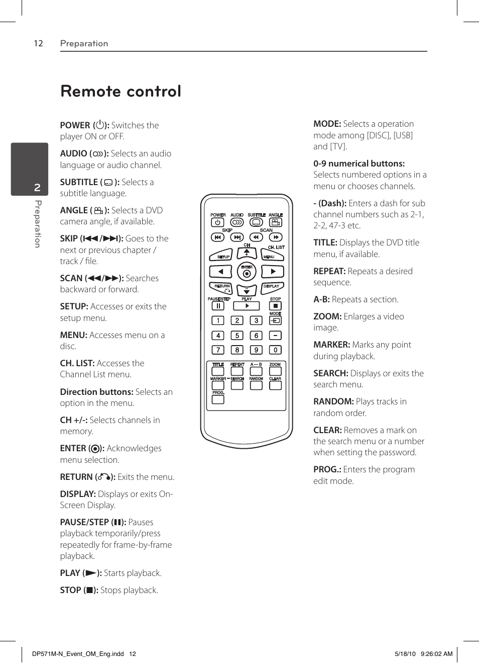 Remote control | LG DP570MH User Manual | Page 12 / 42