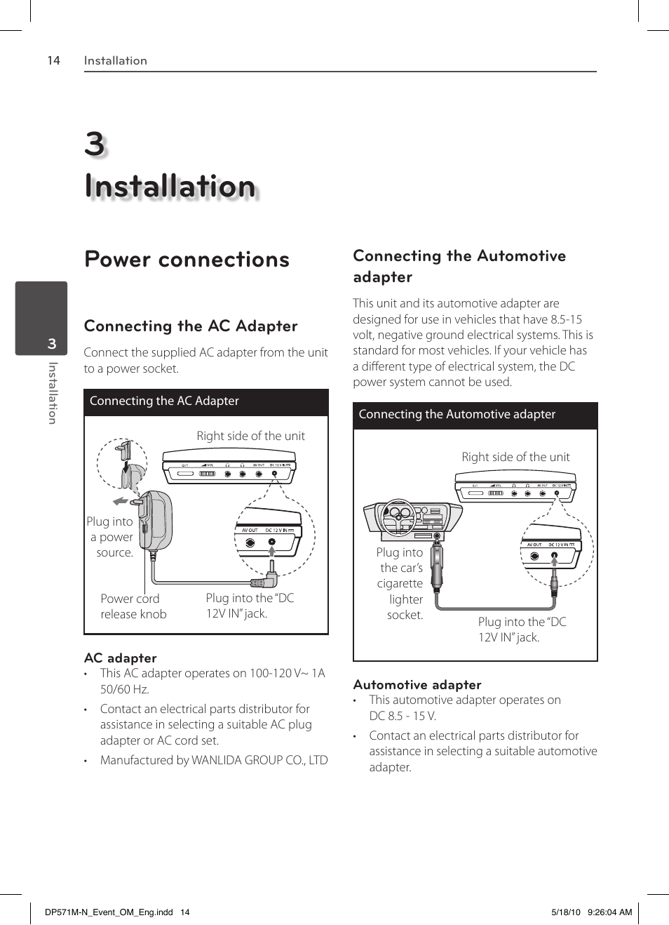 3installation, Power connections, Connecting the ac adapter | Connecting the automotive adapter | LG DP570MH User Manual | Page 14 / 42
