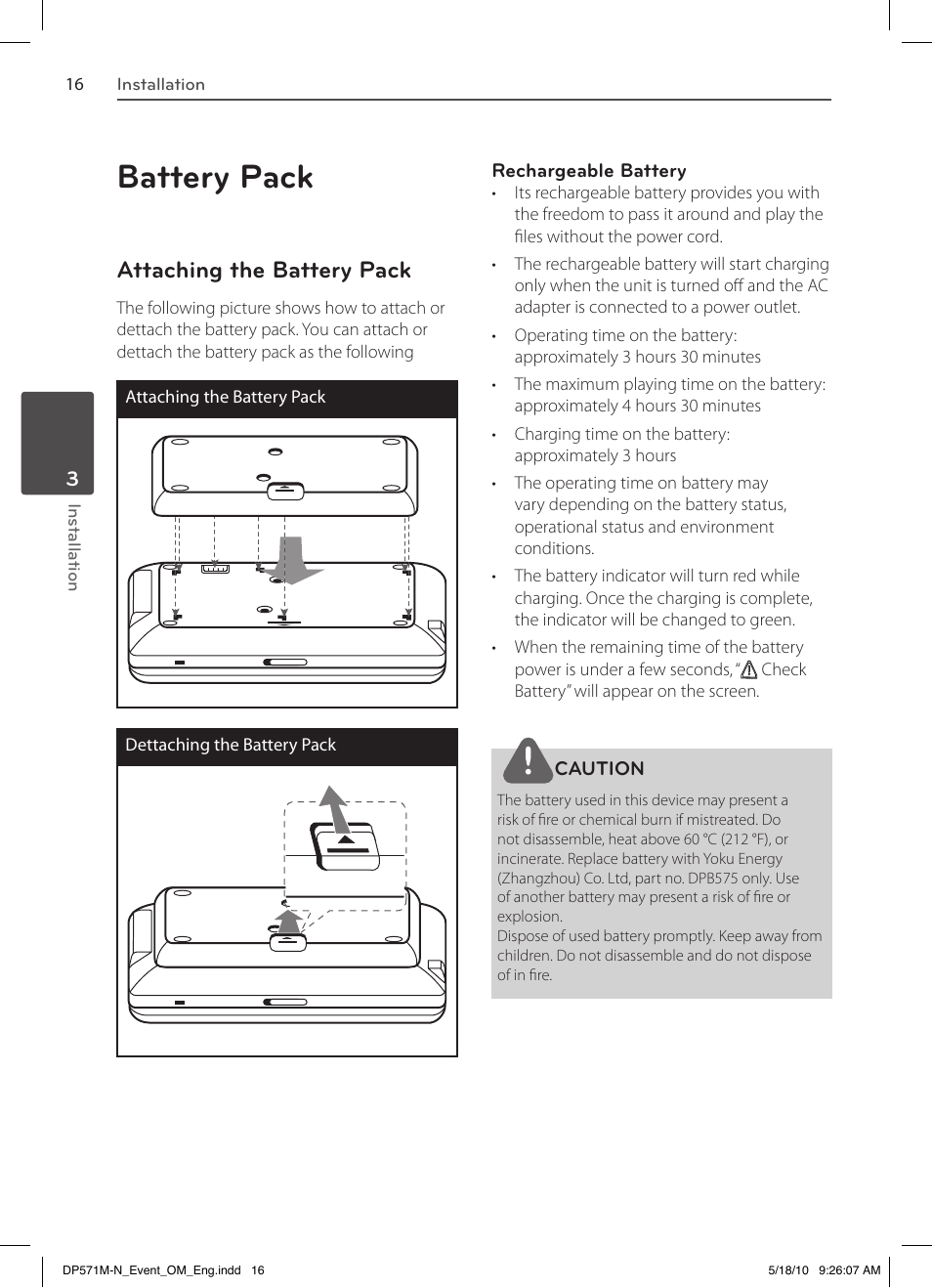 Battery pack, Attaching the battery pack | LG DP570MH User Manual | Page 16 / 42