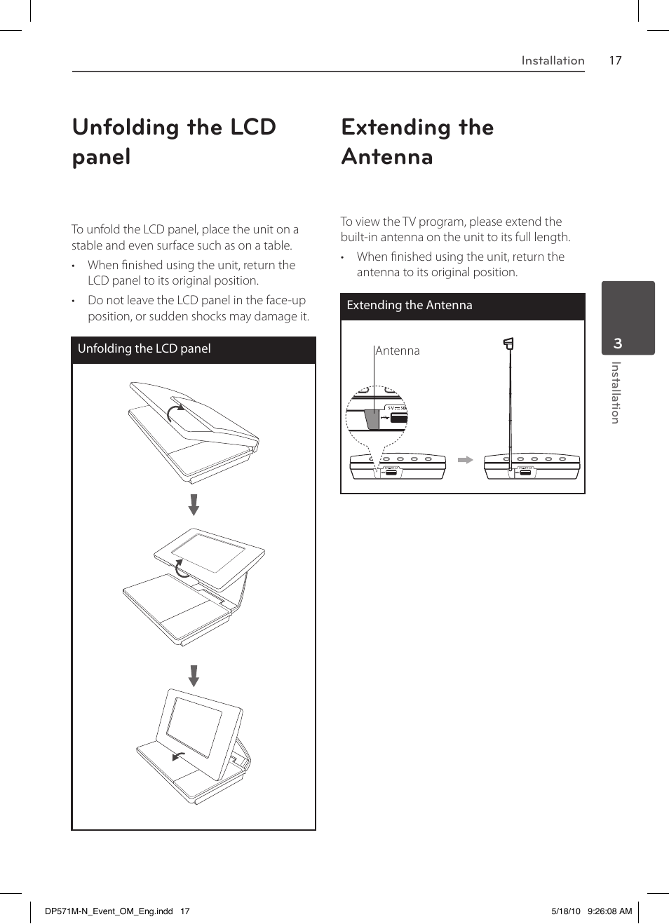Unfolding the lcd panel, Extending the antenna | LG DP570MH User Manual | Page 17 / 42