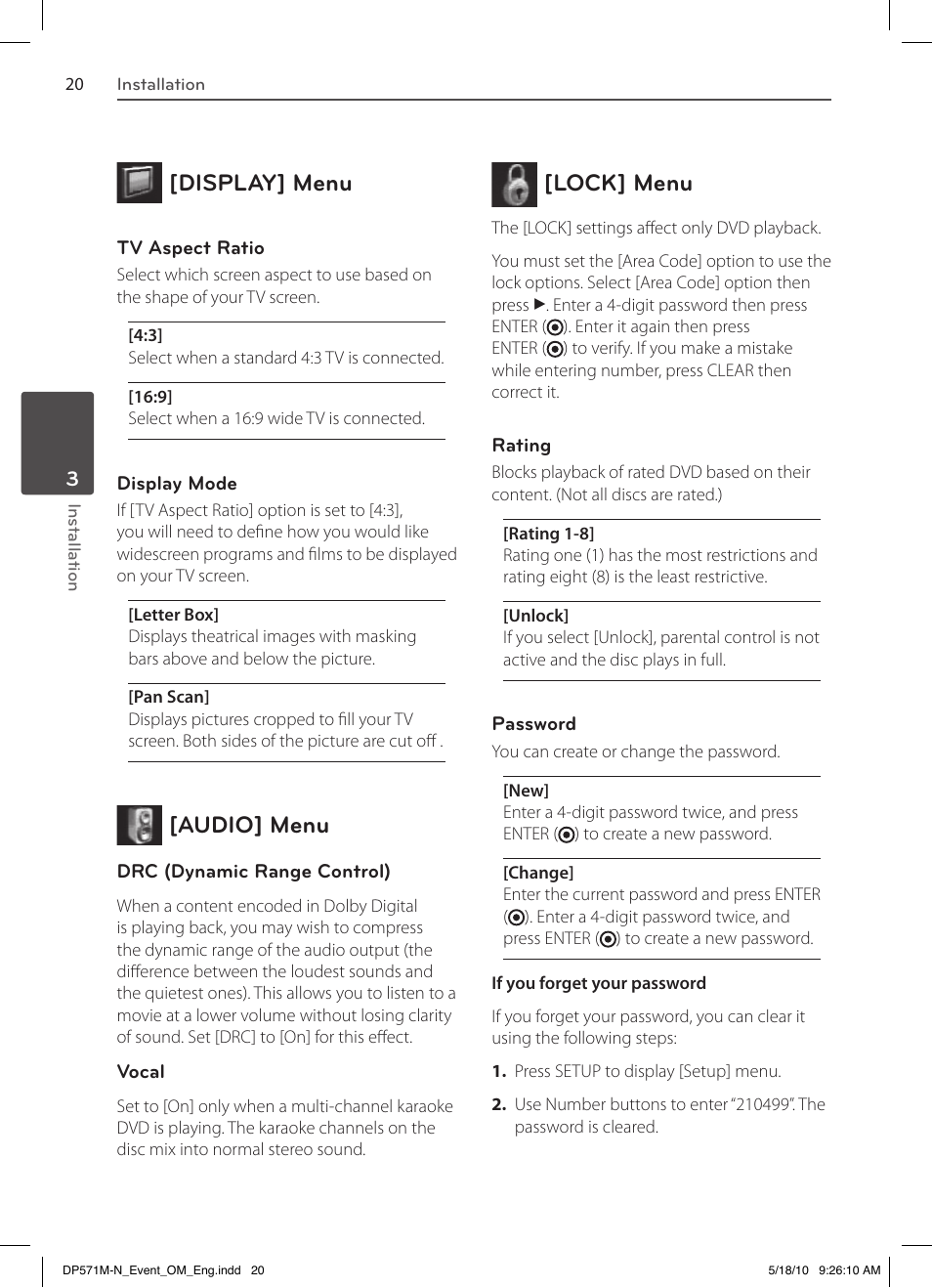 Display] menu, Audio] menu, Lock] menu | LG DP570MH User Manual | Page 20 / 42