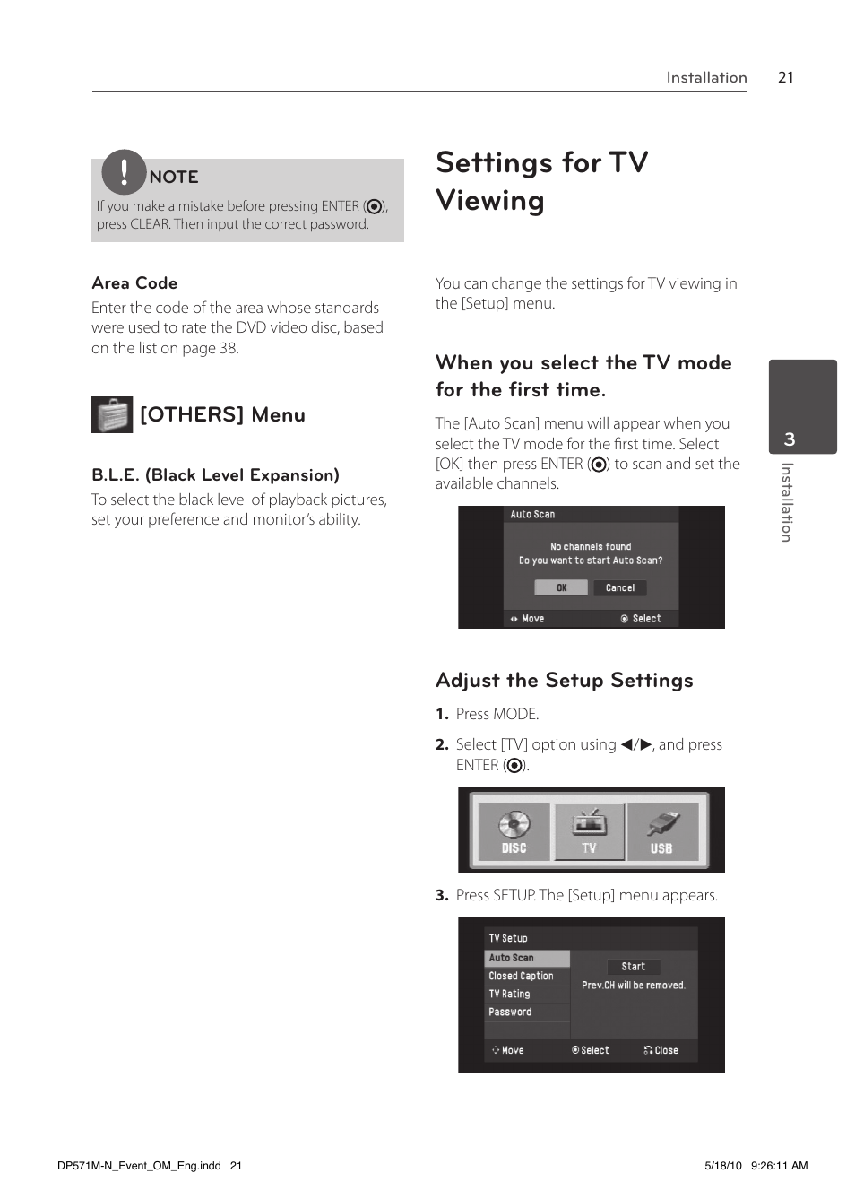 Settings for tv viewing, Others] menu, When you select the tv mode for the first time | Adjust the setup settings | LG DP570MH User Manual | Page 21 / 42