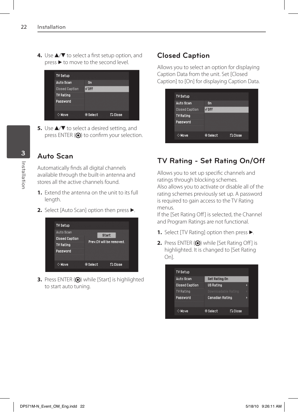 Auto scan, Closed caption, Tv rating - set rating on/off | LG DP570MH User Manual | Page 22 / 42