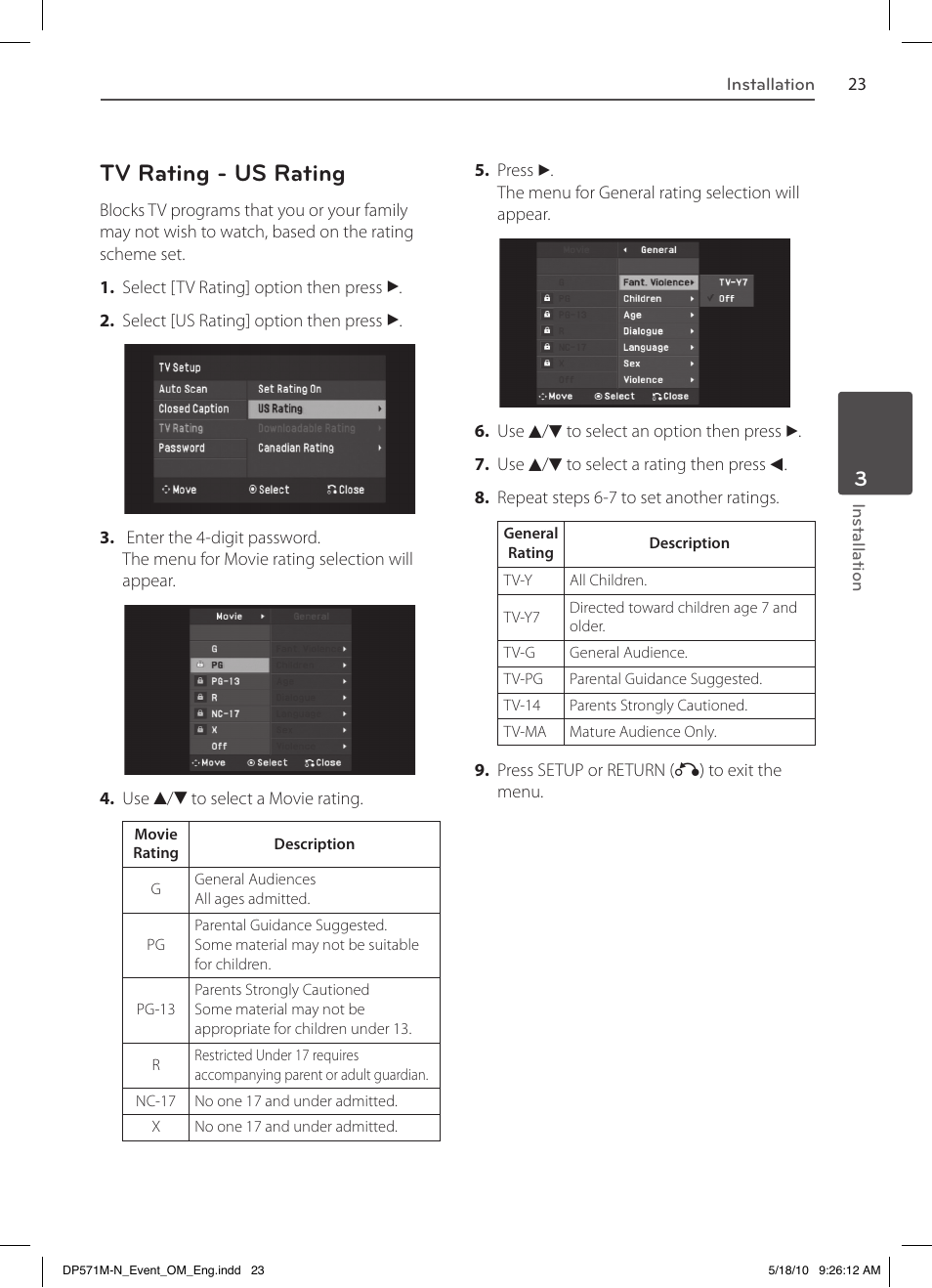Tv rating - us rating | LG DP570MH User Manual | Page 23 / 42