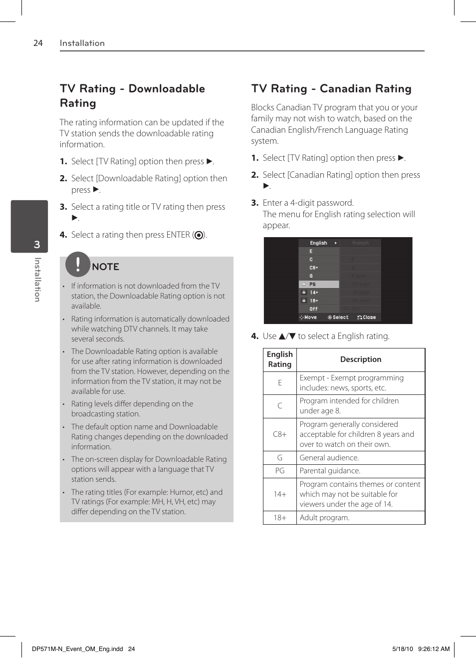 Tv rating - downloadable rating, Tv rating - canadian rating | LG DP570MH User Manual | Page 24 / 42