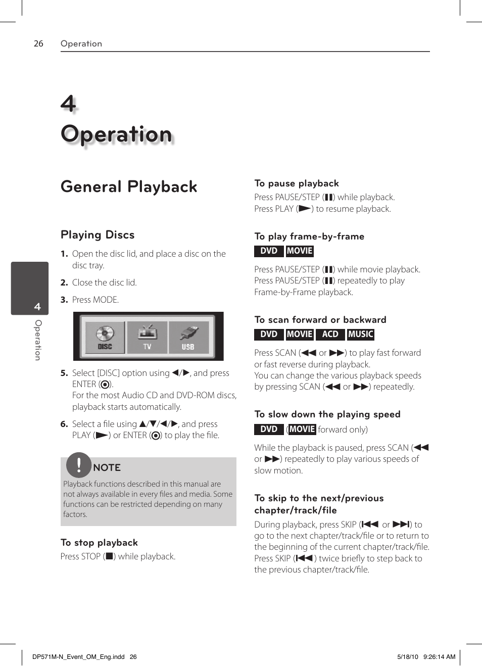 4operation, General playback, Playing discs | LG DP570MH User Manual | Page 26 / 42