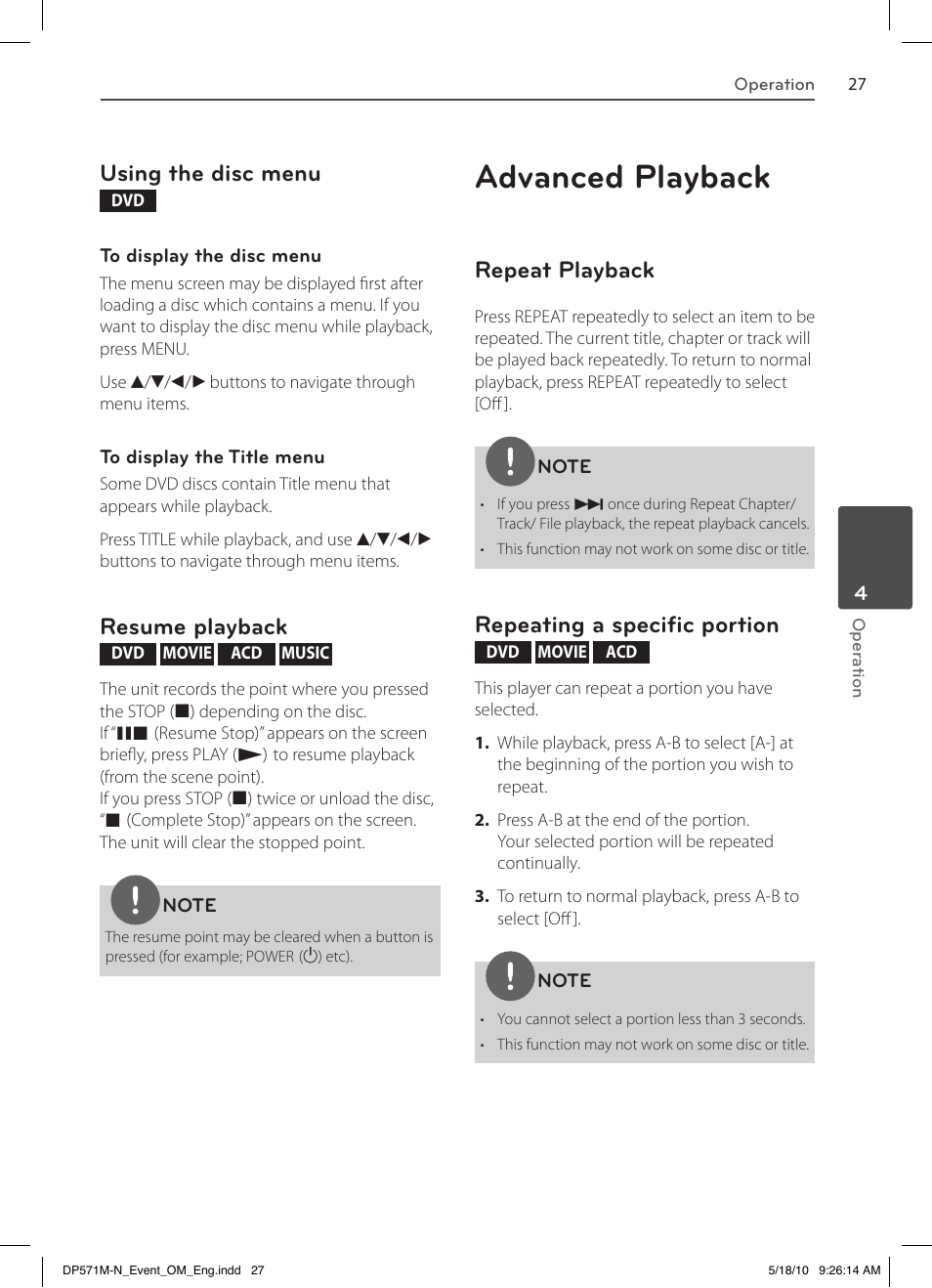 Advanced playback, Using the disc menu, Resume playback | Repeat playback, Repeating a specific portion | LG DP570MH User Manual | Page 27 / 42
