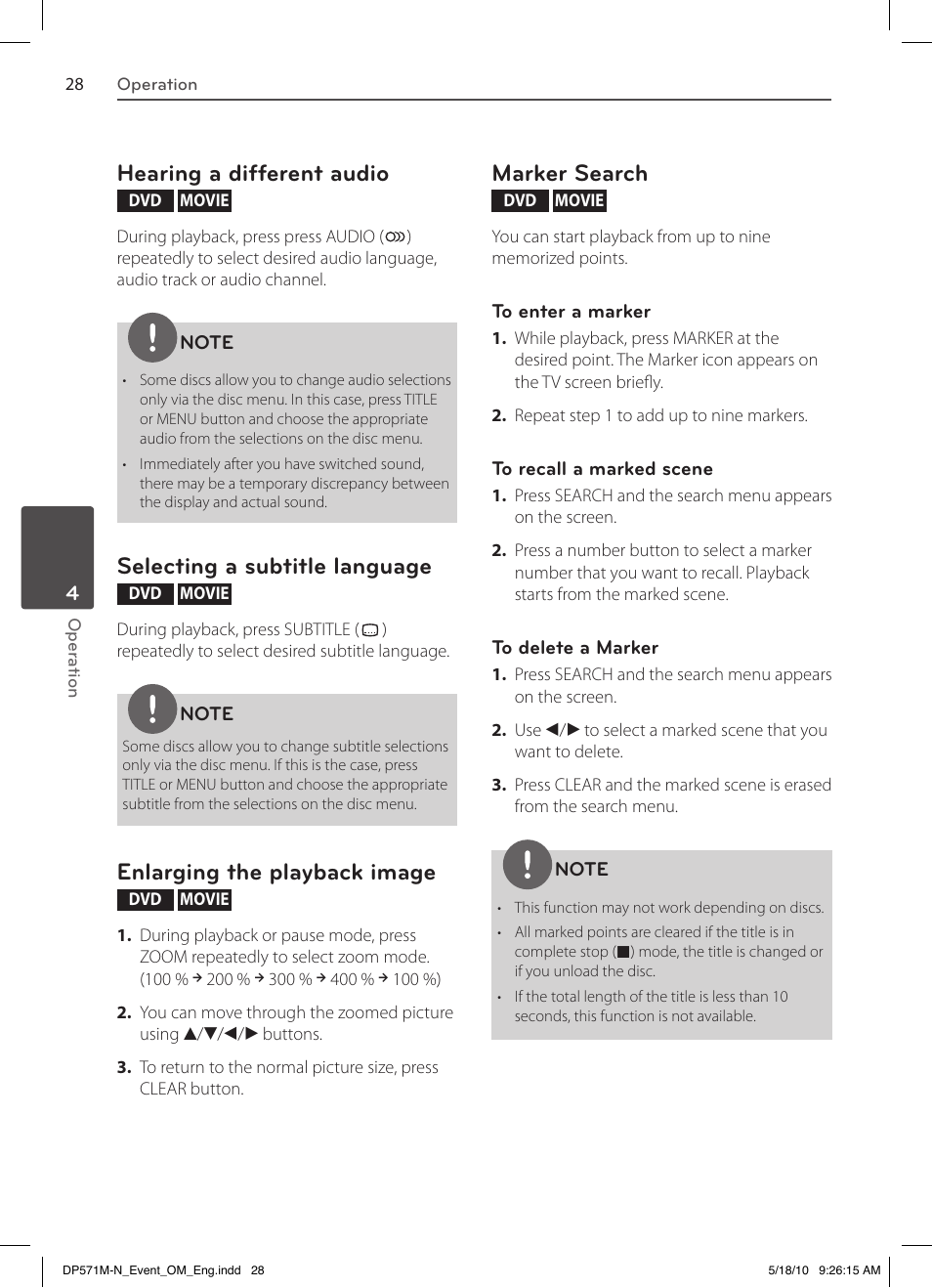 Hearing a different audio, Selecting a subtitle language, Enlarging the playback image | Marker search | LG DP570MH User Manual | Page 28 / 42