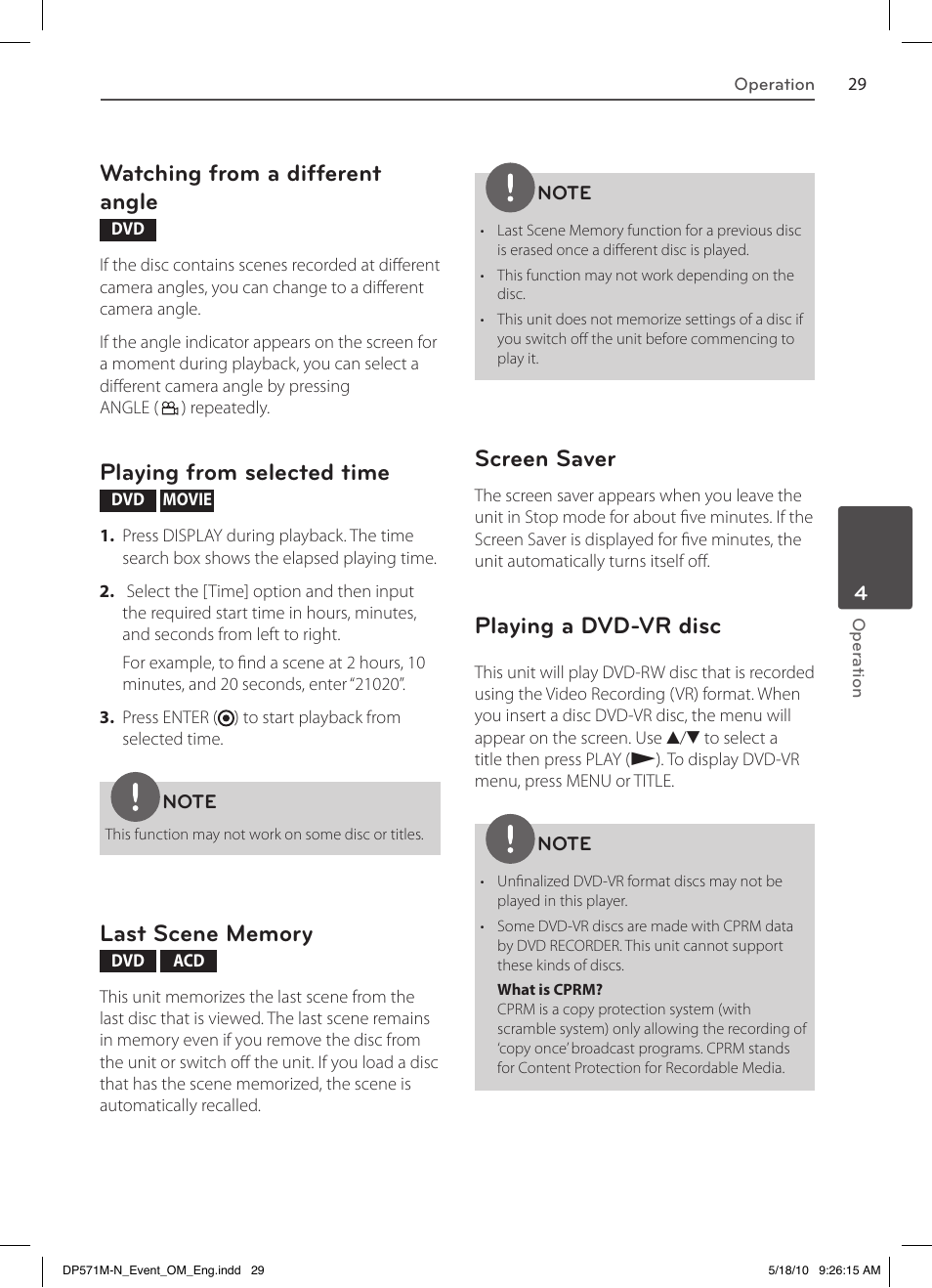 Watching from a different angle, Playing from selected time, Screen saver | Playing a dvd-vr disc | LG DP570MH User Manual | Page 29 / 42