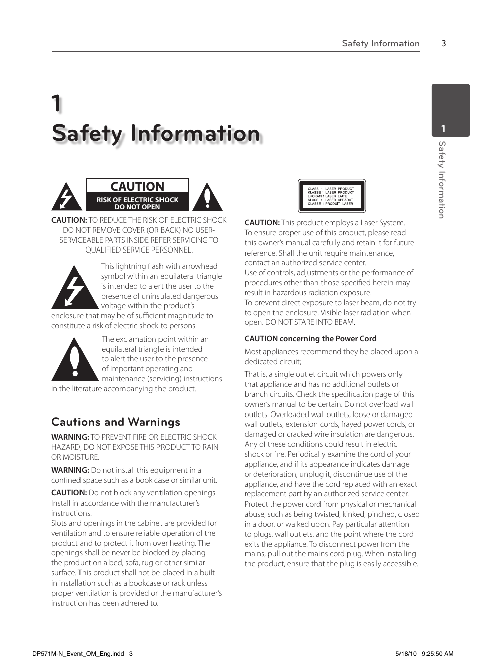 1safety information, Caution, Cautions and warnings | LG DP570MH User Manual | Page 3 / 42