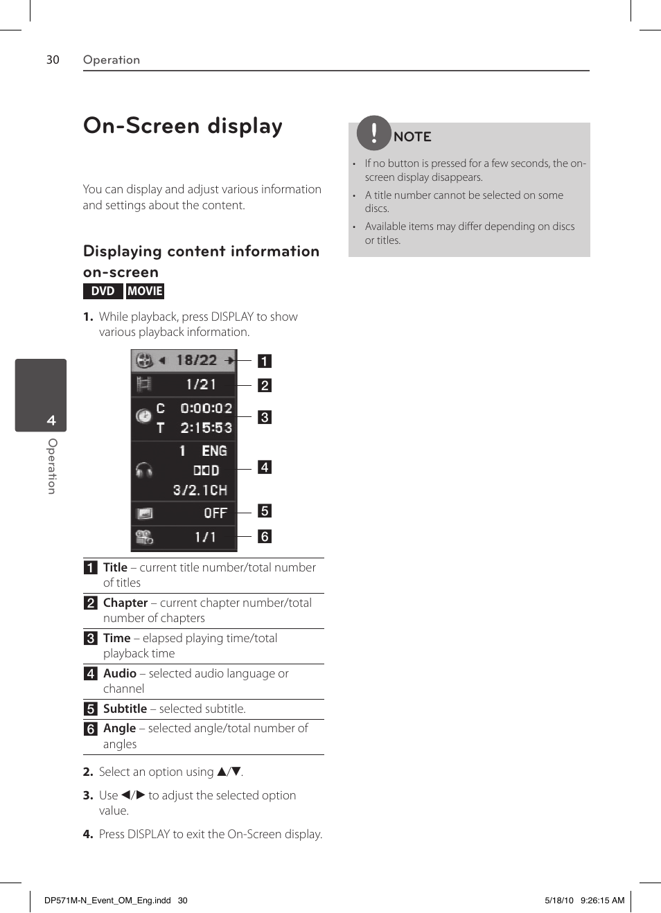 On-screen display, Displaying content information on-screen | LG DP570MH User Manual | Page 30 / 42