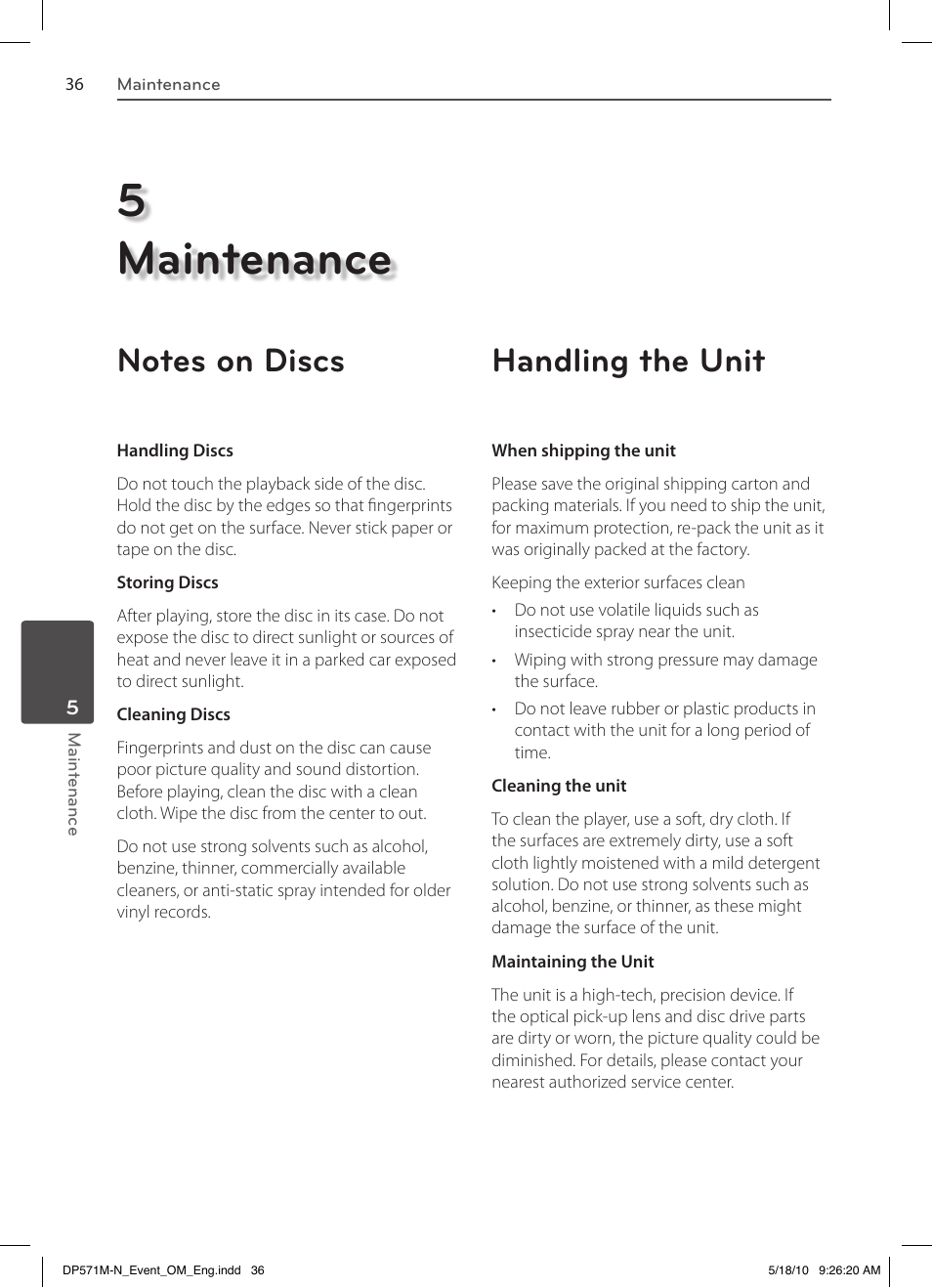 5maintenance, Handling the unit | LG DP570MH User Manual | Page 36 / 42