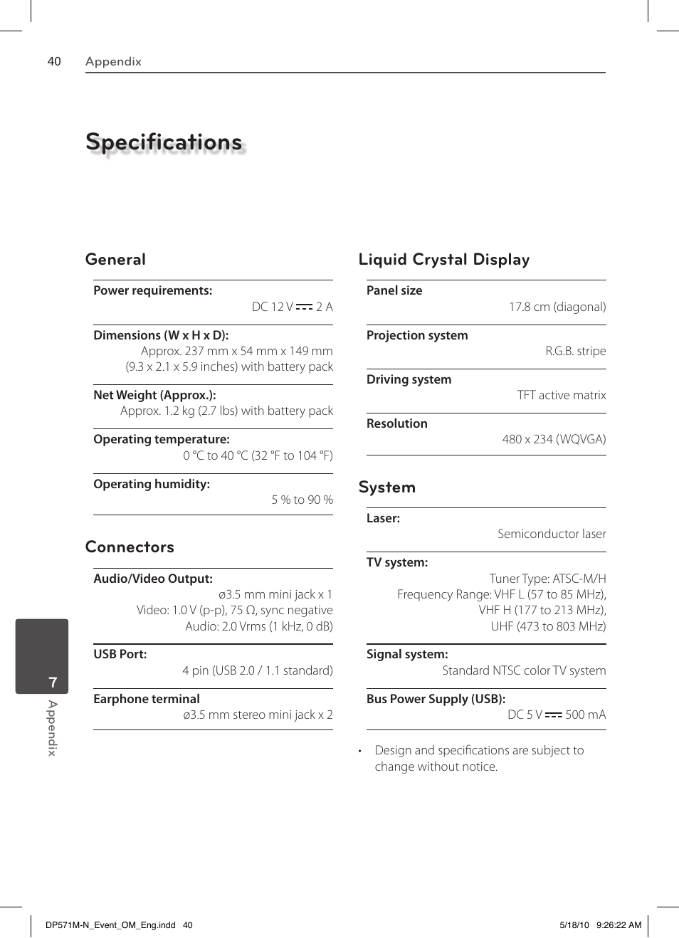 Specifications, General, Connectors | Liquid crystal display, System | LG DP570MH User Manual | Page 40 / 42