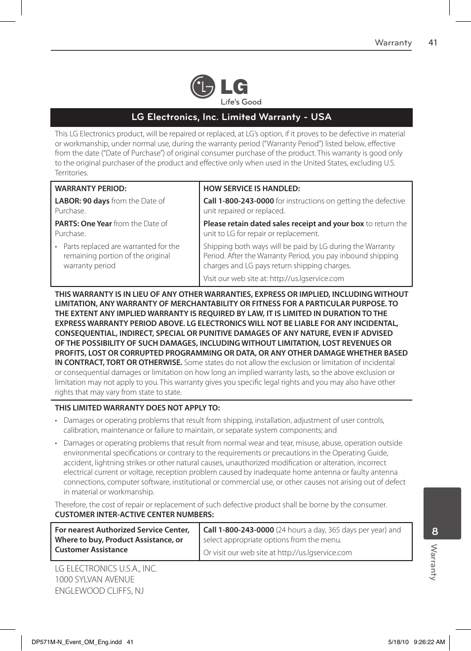 Lg electronics, inc. limited warranty - usa | LG DP570MH User Manual | Page 41 / 42