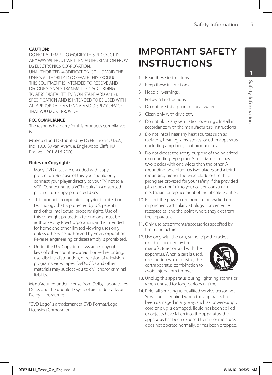 Important safety instructions | LG DP570MH User Manual | Page 5 / 42