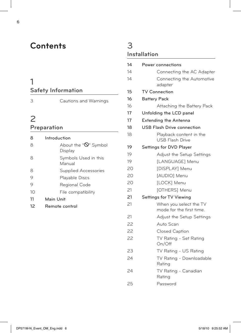 Contents 1, Safety information, Preparation | Installation | LG DP570MH User Manual | Page 6 / 42