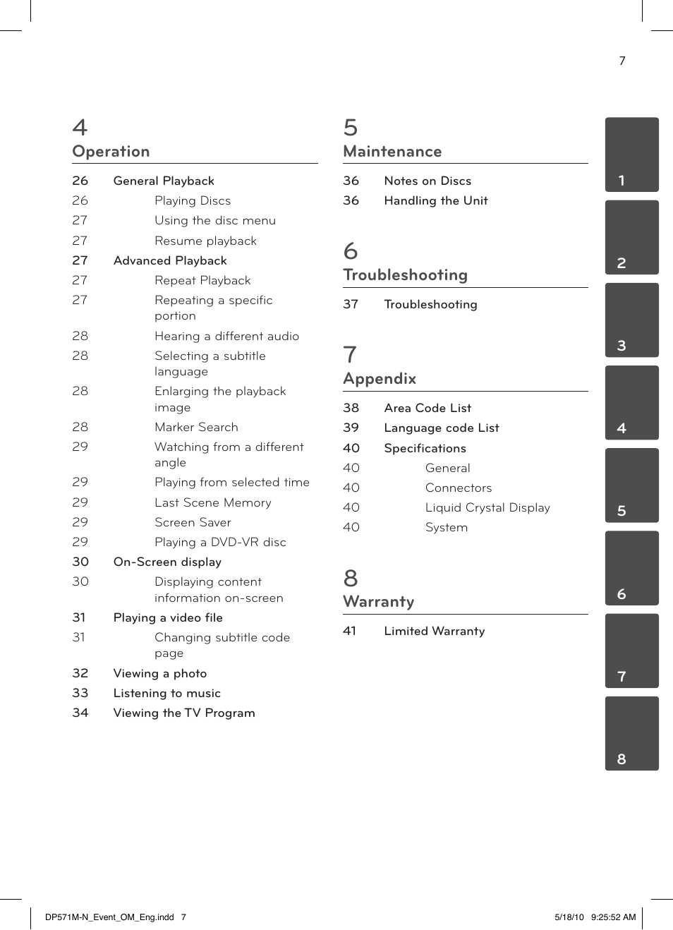 Operation, Maintenance, Troubleshooting | Appendix, Warranty | LG DP570MH User Manual | Page 7 / 42