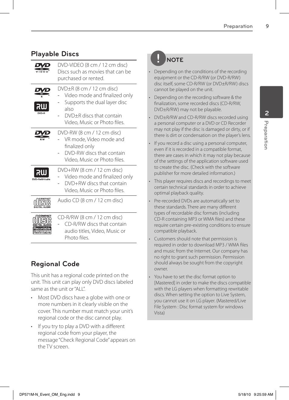 Playable discs, Regional code | LG DP570MH User Manual | Page 9 / 42