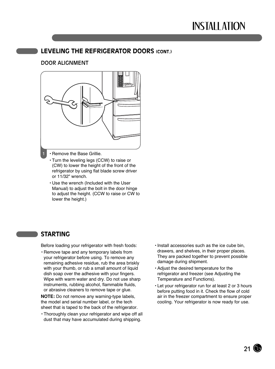 21 leveling the refrigerator doors, Starting | LG LMX25981SB User Manual | Page 21 / 46