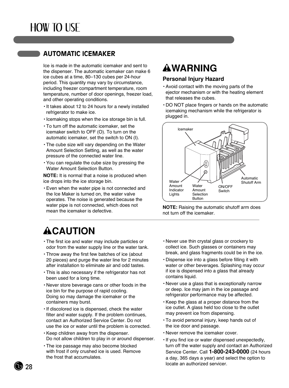 Wwarning, Wcaution, 28 automatic icemaker | LG LMX25981SB User Manual | Page 28 / 46