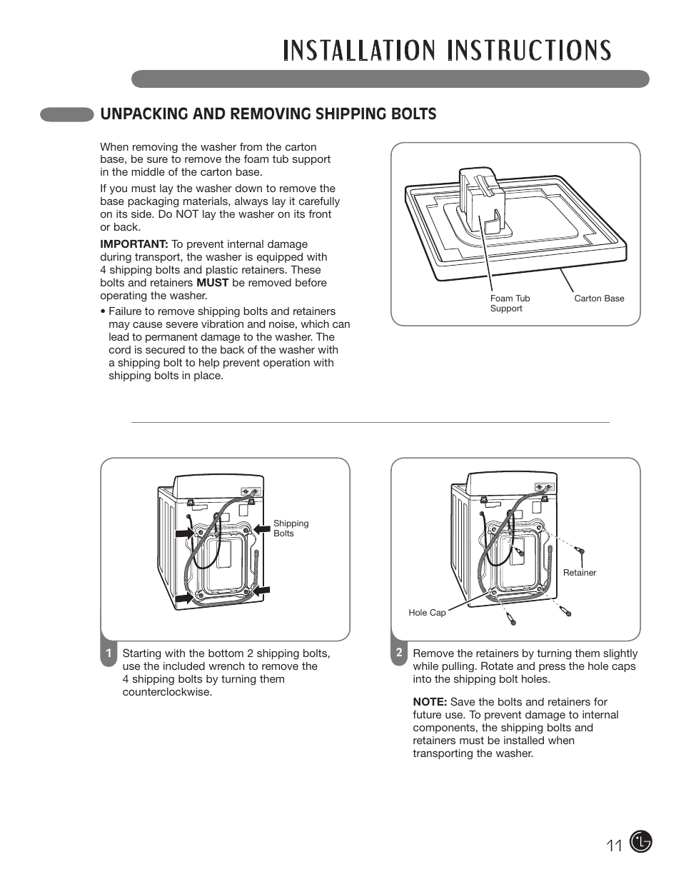 Unpacking and removing shipping bolts 11 | LG WM0742HGA User Manual | Page 11 / 72