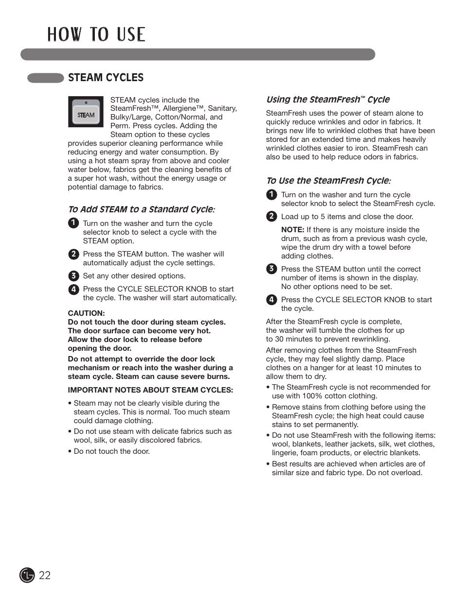 H o w to u s e, Steam cycles | LG WM0742HGA User Manual | Page 22 / 72