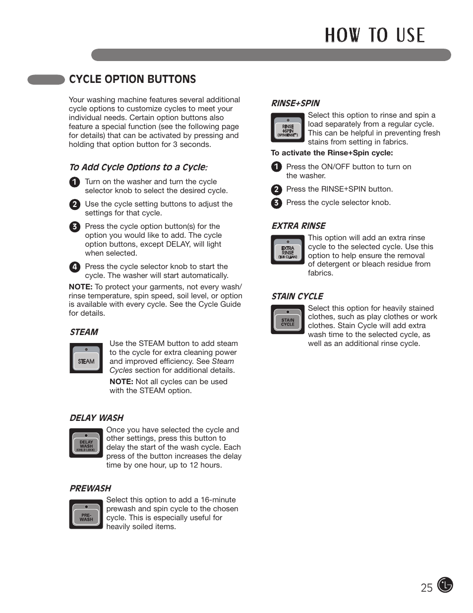 H o w to u s e, Cycle option buttons | LG WM0742HGA User Manual | Page 25 / 72