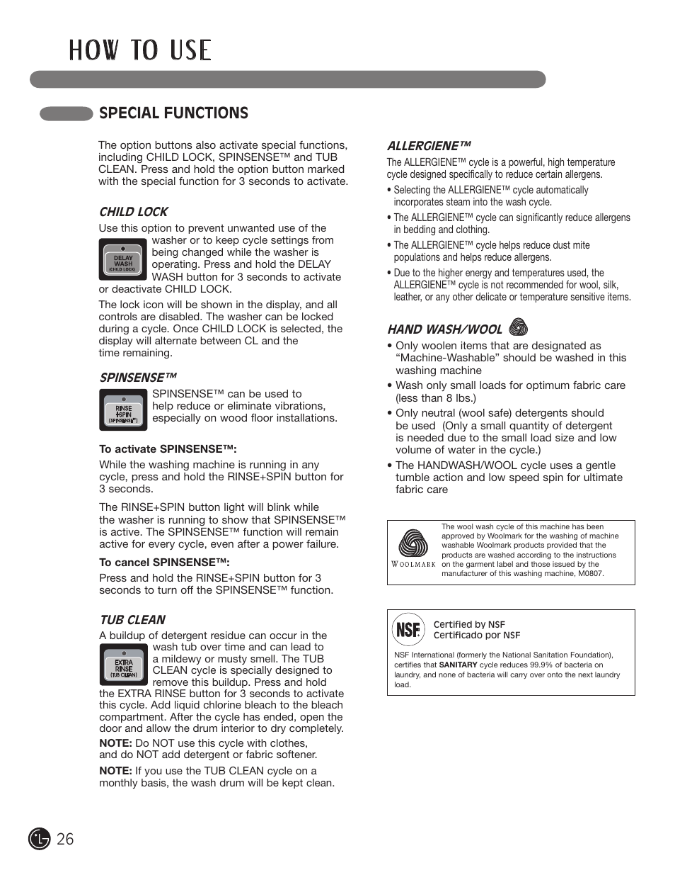 H o w to u s e, Special functions | LG WM0742HGA User Manual | Page 26 / 72