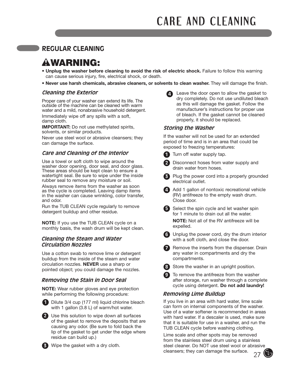 Wwarning, Regular cleaning | LG WM0742HGA User Manual | Page 27 / 72