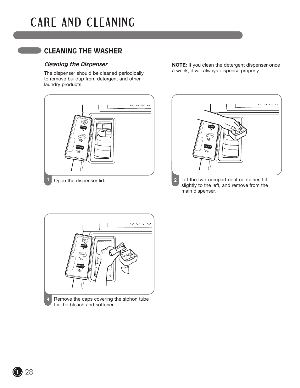 Cleaning the washer, Cleaning the dispenser | LG WM0742HGA User Manual | Page 28 / 72