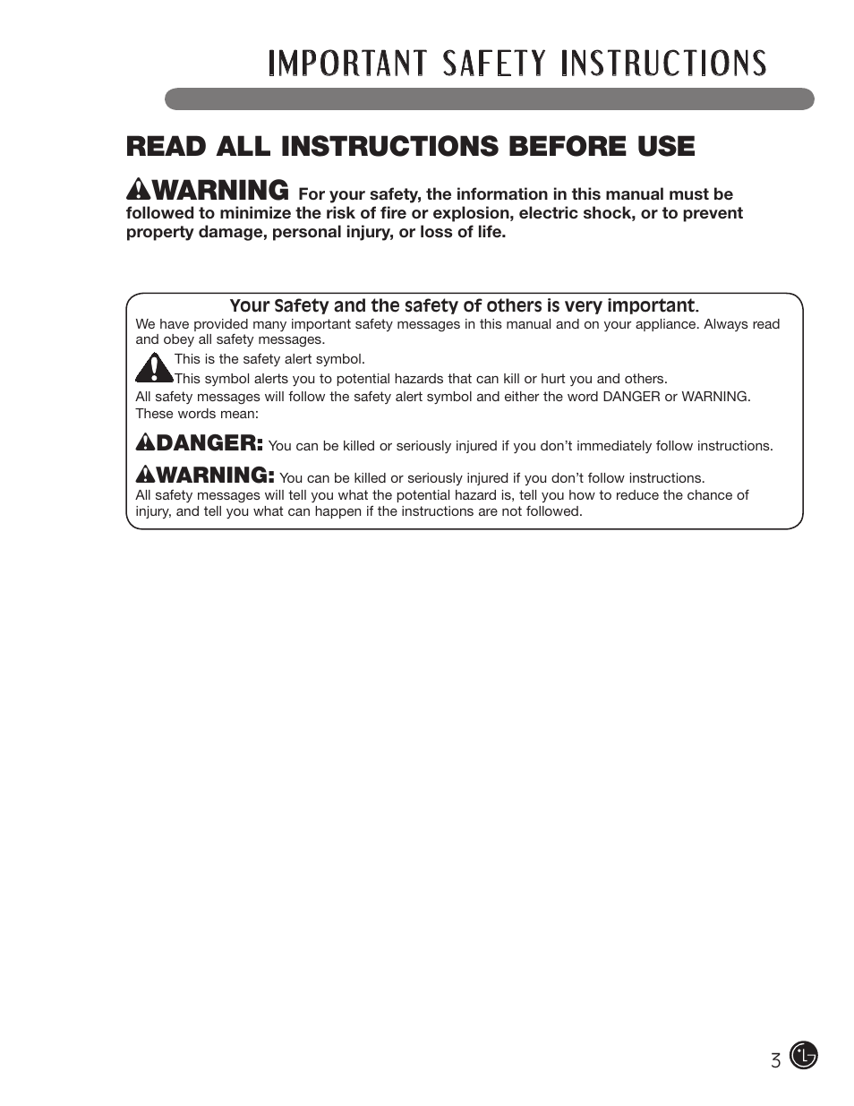 Wwarning, Read all instructions before use | LG WM0742HGA User Manual | Page 3 / 72