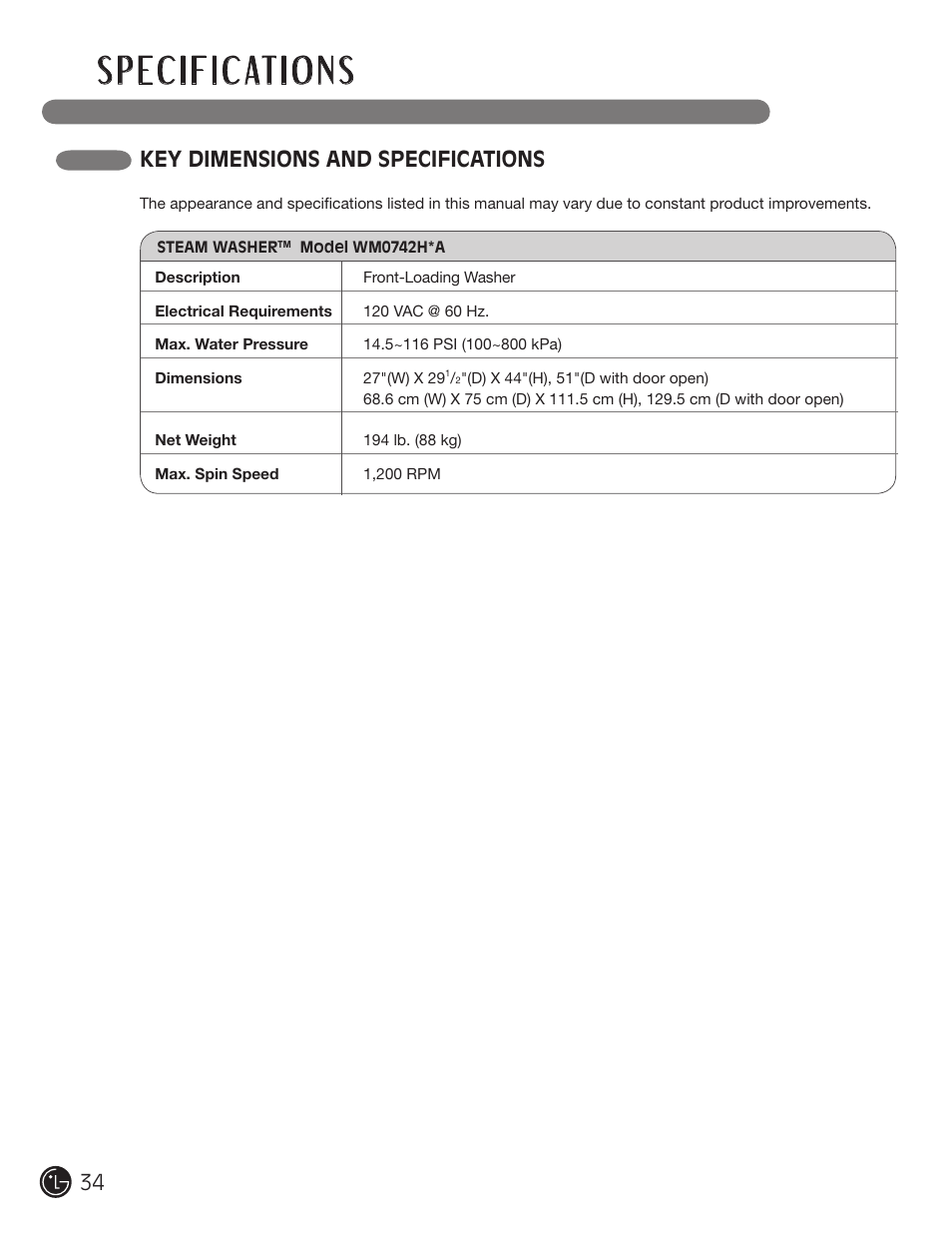 Key dimensions and specifications | LG WM0742HGA User Manual | Page 34 / 72