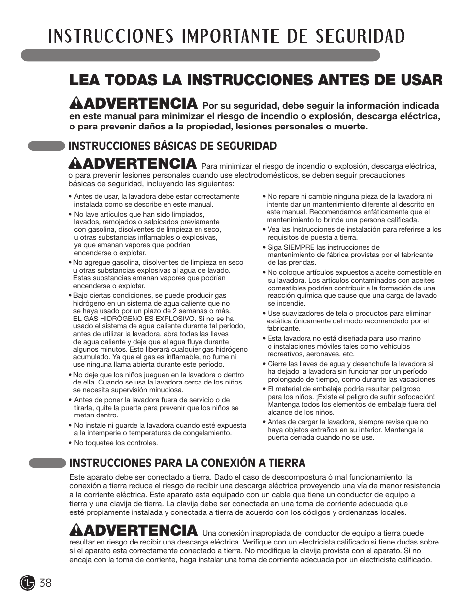 Wadvertencia, Lea todas la instrucciones antes de usar, Instrucciones para la conexión a tierra | Instrucciones básicas de seguridad | LG WM0742HGA User Manual | Page 38 / 72