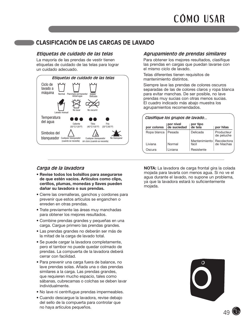 Clasificación de las cargas de lavado | LG WM0742HGA User Manual | Page 49 / 72