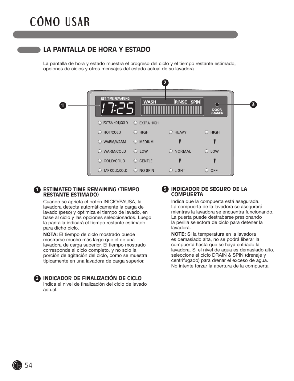 La pantalla de hora y estado | LG WM0742HGA User Manual | Page 54 / 72