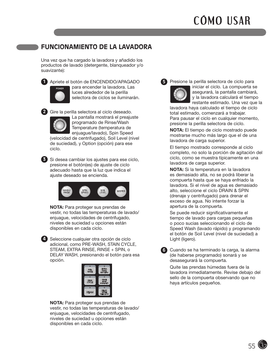 Funcionamiento de la lavadora | LG WM0742HGA User Manual | Page 55 / 72