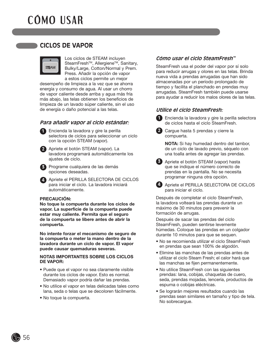 Ciclos de vapor | LG WM0742HGA User Manual | Page 56 / 72