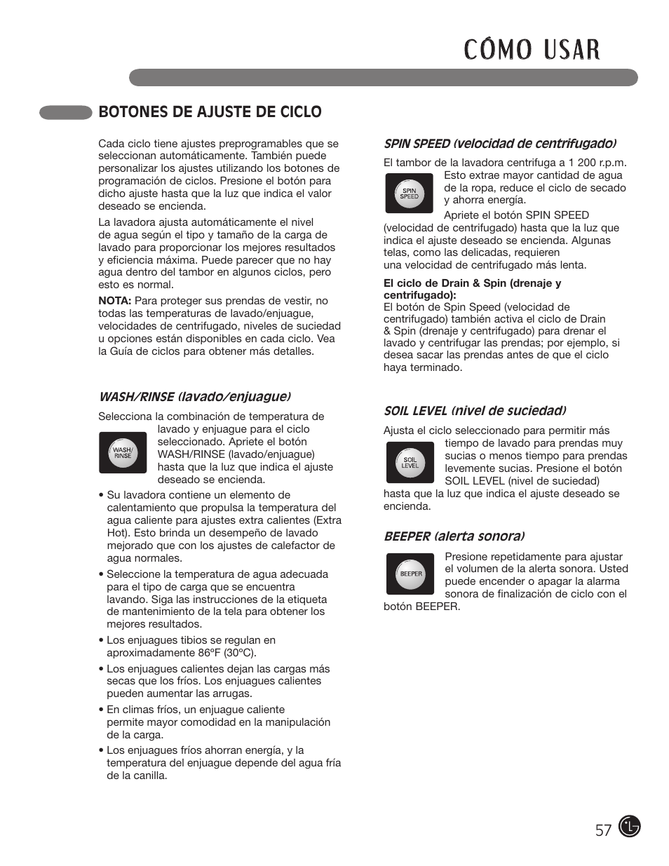 Botones de ajuste de ciclo | LG WM0742HGA User Manual | Page 57 / 72