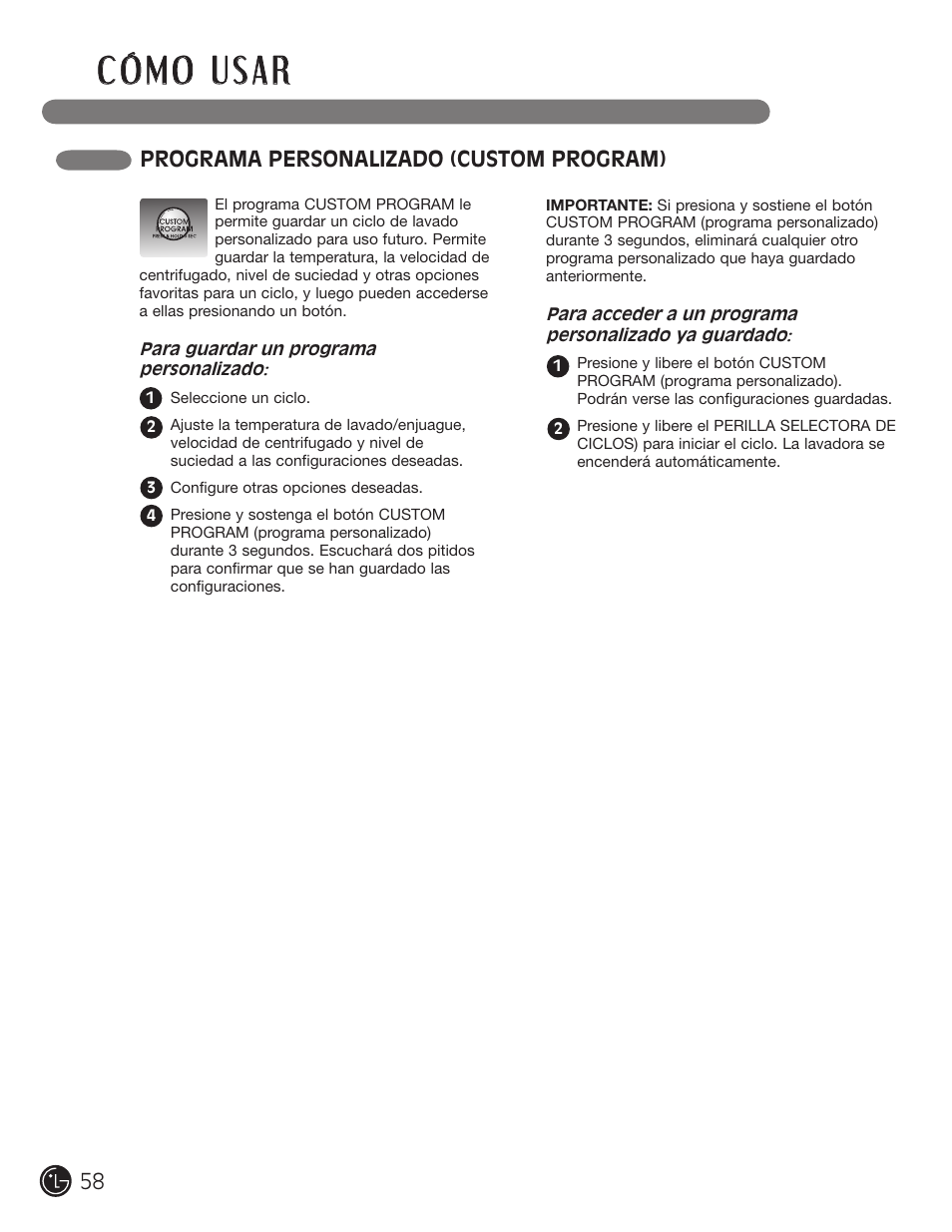 Programa personalizado (custom program) | LG WM0742HGA User Manual | Page 58 / 72