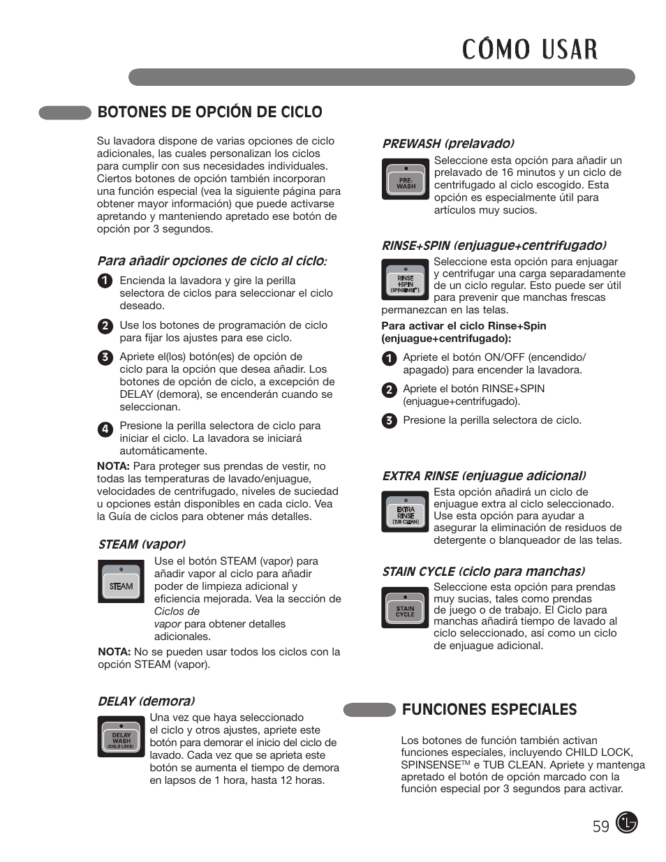 Botones de opción de ciclo, Funciones especiales | LG WM0742HGA User Manual | Page 59 / 72