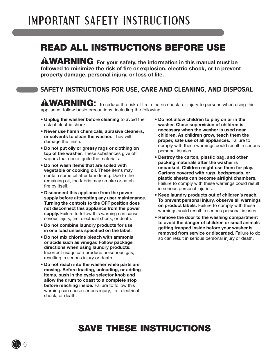 Wwarning | LG WM0742HGA User Manual | Page 6 / 72