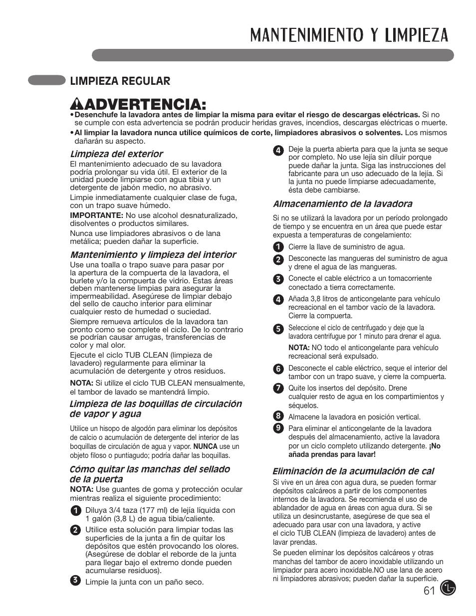 Mantenimiento y limpieza, Wadvertencia, Limpieza regular | LG WM0742HGA User Manual | Page 61 / 72