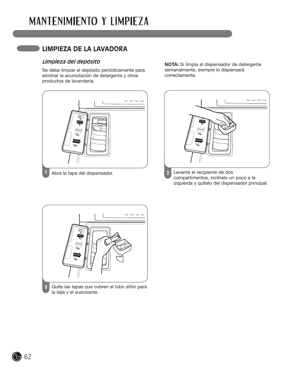 Mantenimiento y limpieza, Limpieza de la lavadora, Limpieza del depósito | LG WM0742HGA User Manual | Page 62 / 72