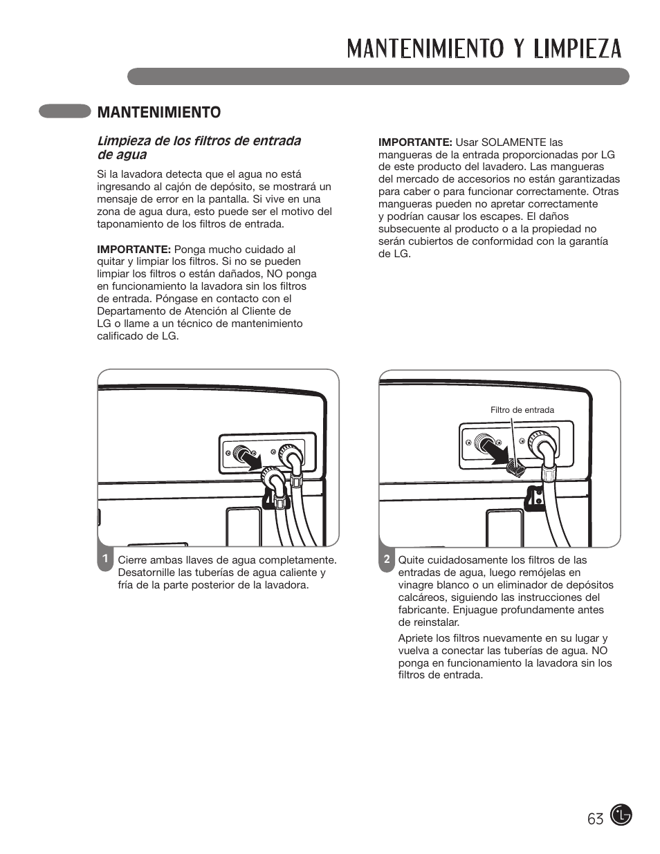 Mantenimiento y limpieza, Mantenimiento | LG WM0742HGA User Manual | Page 63 / 72