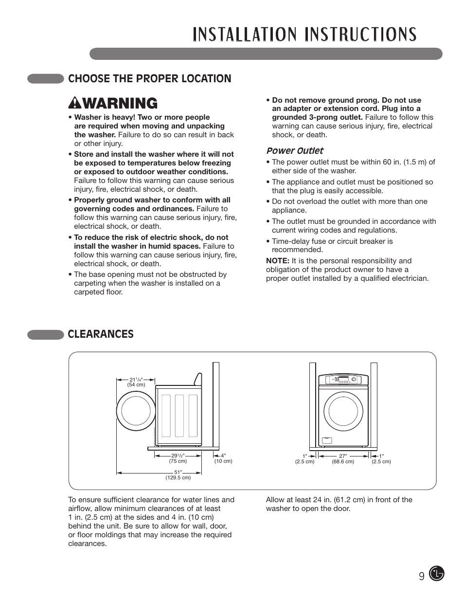 Wwarning, Choose the proper location clearances | LG WM0742HGA User Manual | Page 9 / 72