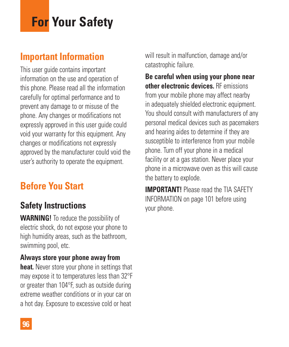 For your safety, Important information, Before you start | LG GD710 User Manual | Page 100 / 131