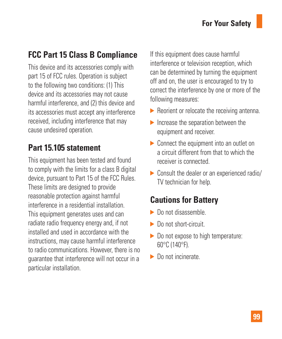 Fcc part 15 class b compliance, Cautions for battery | LG GD710 User Manual | Page 103 / 131