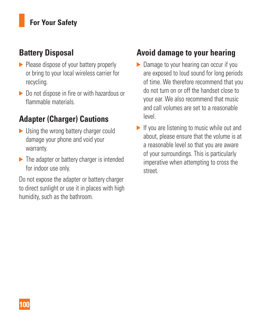 Battery disposal, Adapter (charger) cautions, Avoid damage to your hearing | LG GD710 User Manual | Page 104 / 131